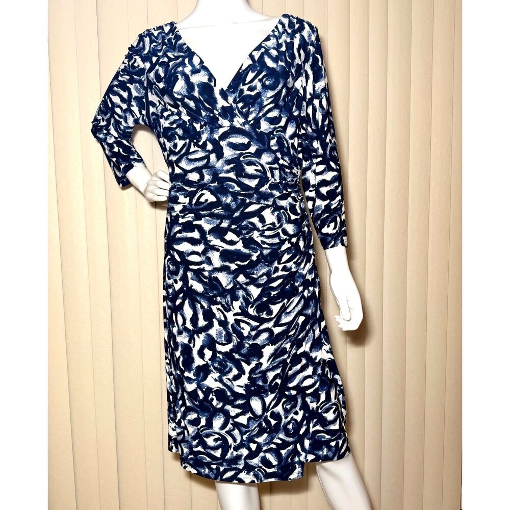 Lauren Ralph Lauren Dress 12 Navy Ivory Abstract Ruched Jersey 3/4 Sleeve